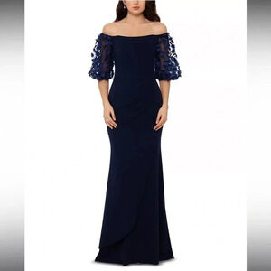 Xscape - Off-The-Shoulder Floral-Sleeve Gown - Navy Blue - Size 4P - EUC!!